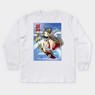 Anime cat girl skateboarding Kids Long Sleeve T-Shirt